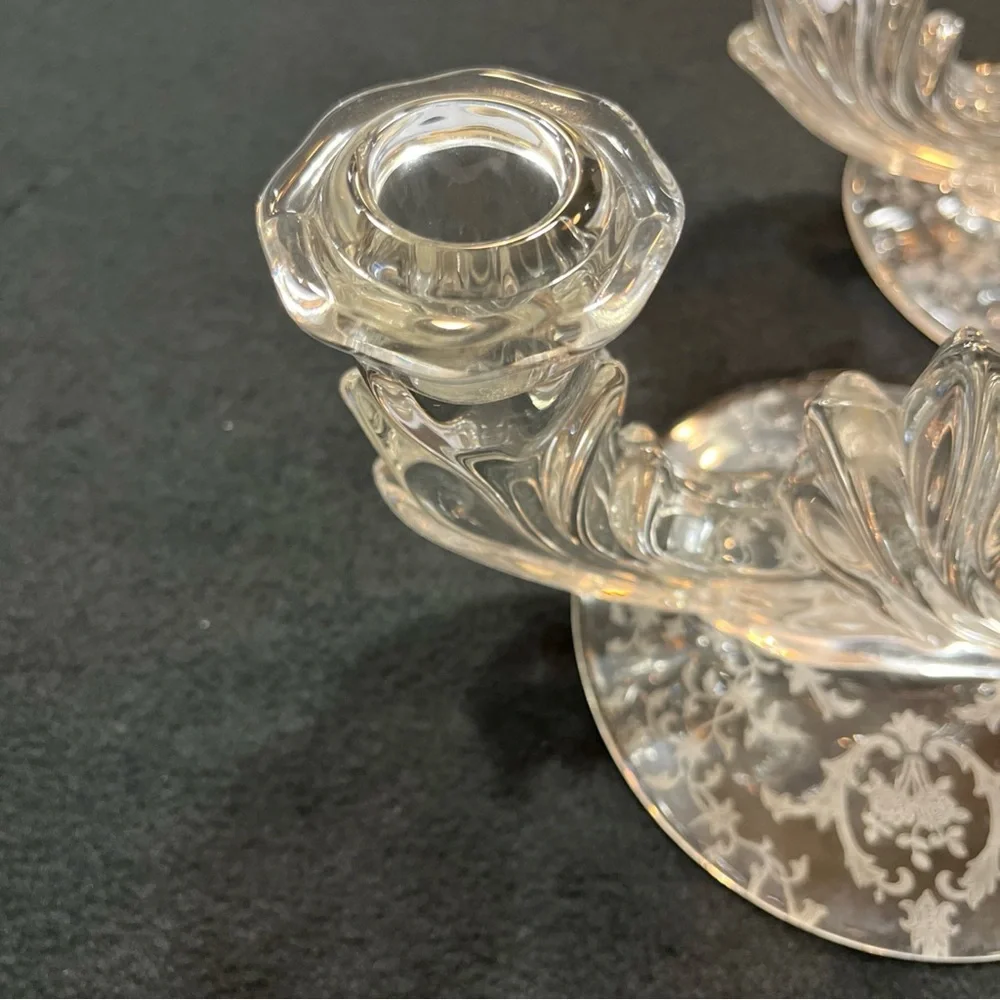 Fostoria double candle holder in Navarre pattern etched glass. Set of 2. - Picture 9 of 10